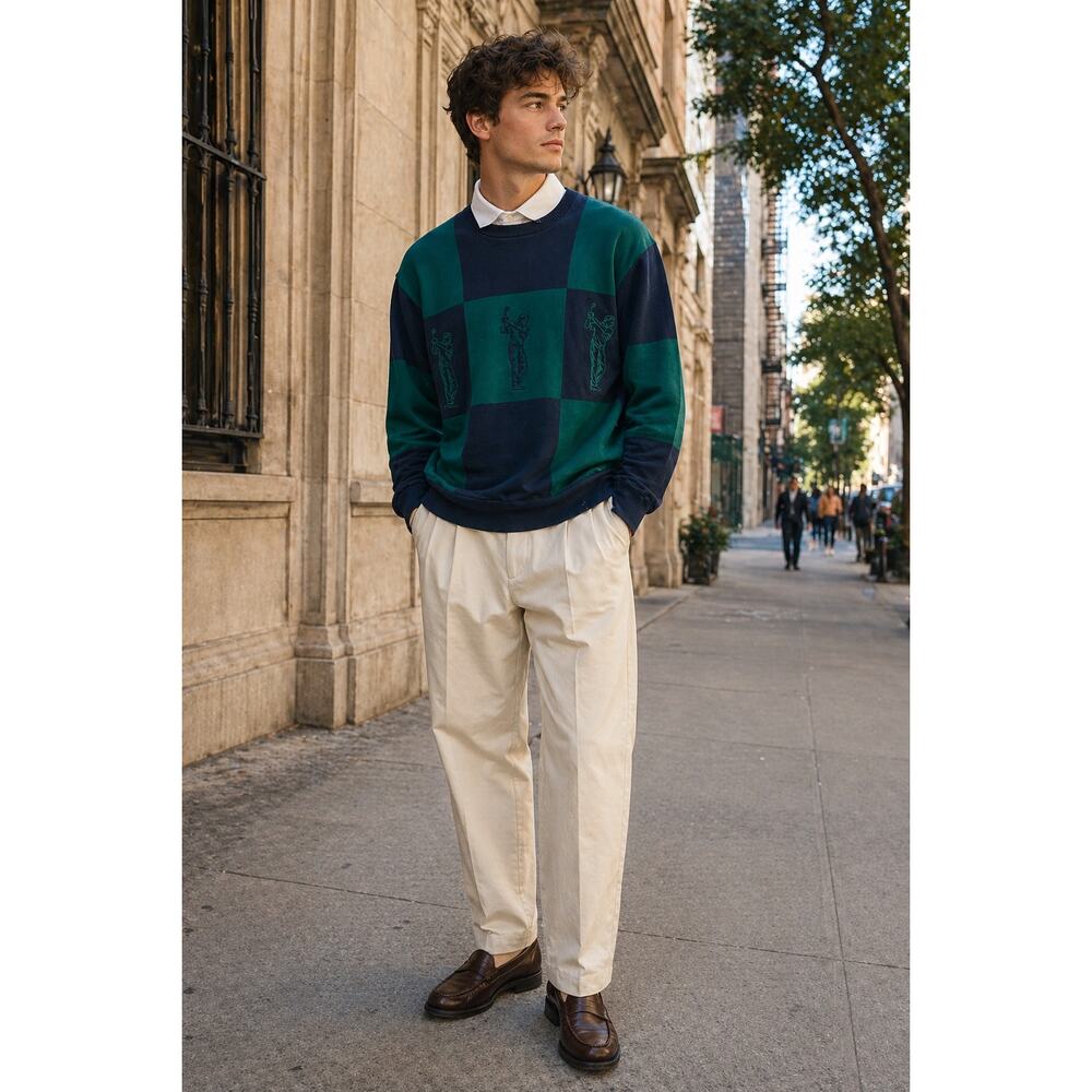 Vintage Par Four Mens Golf Sweater SIze XL Green Blue Colorblock Preppy 90s - Picture 9 of 9